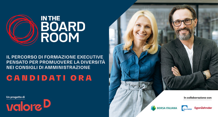 Locandina del programma executive InTheBoardroom: donna e uomo di fianco