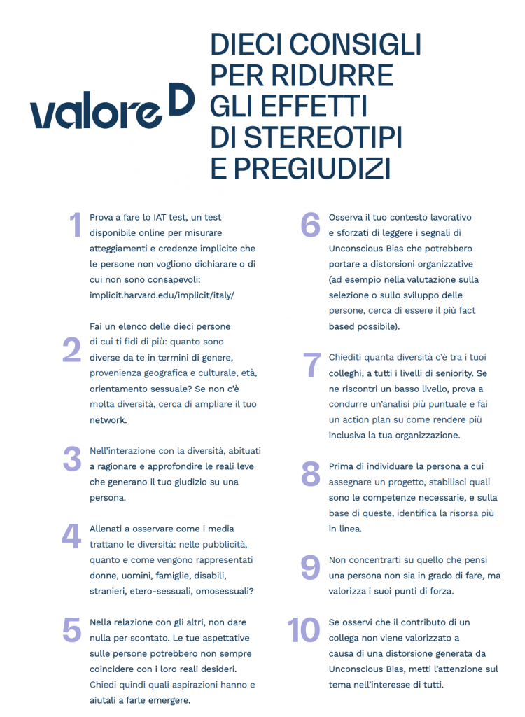 Dieci consigli di Valore D per ridurre gli effetti degli stereotipi