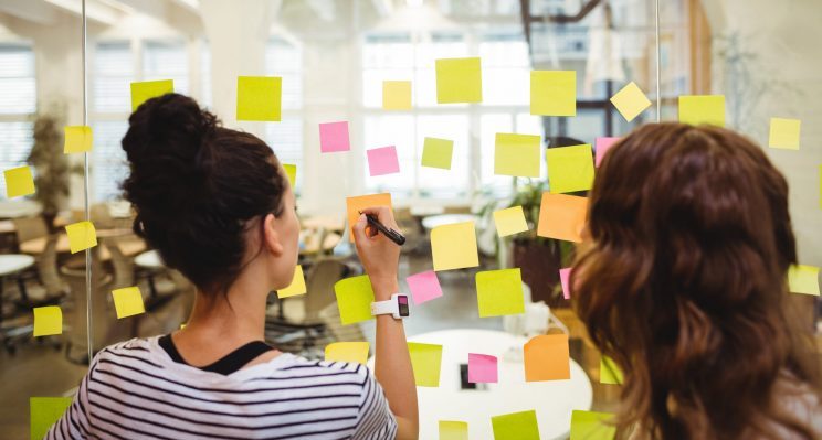 Bussola della felicità: due persone in azienda scrivono su dei post-it attaccati ad un muro