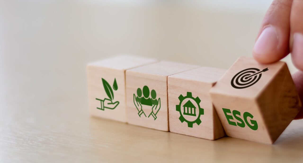Dadi di legno incisi con i simboli dei criteri ESG (ambiente, sociale, governance)