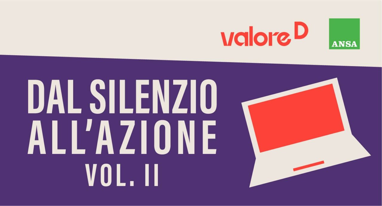 Locandina viola e beige dell'evento "Violenza di genere online: dialogo a più voci con ANSA". La locandina è composta dalla scritta "Dal silenzio all'azione. Vol. II", il disegno stilizzato di un computer portatile e i loghi di Valore D e ANSA.