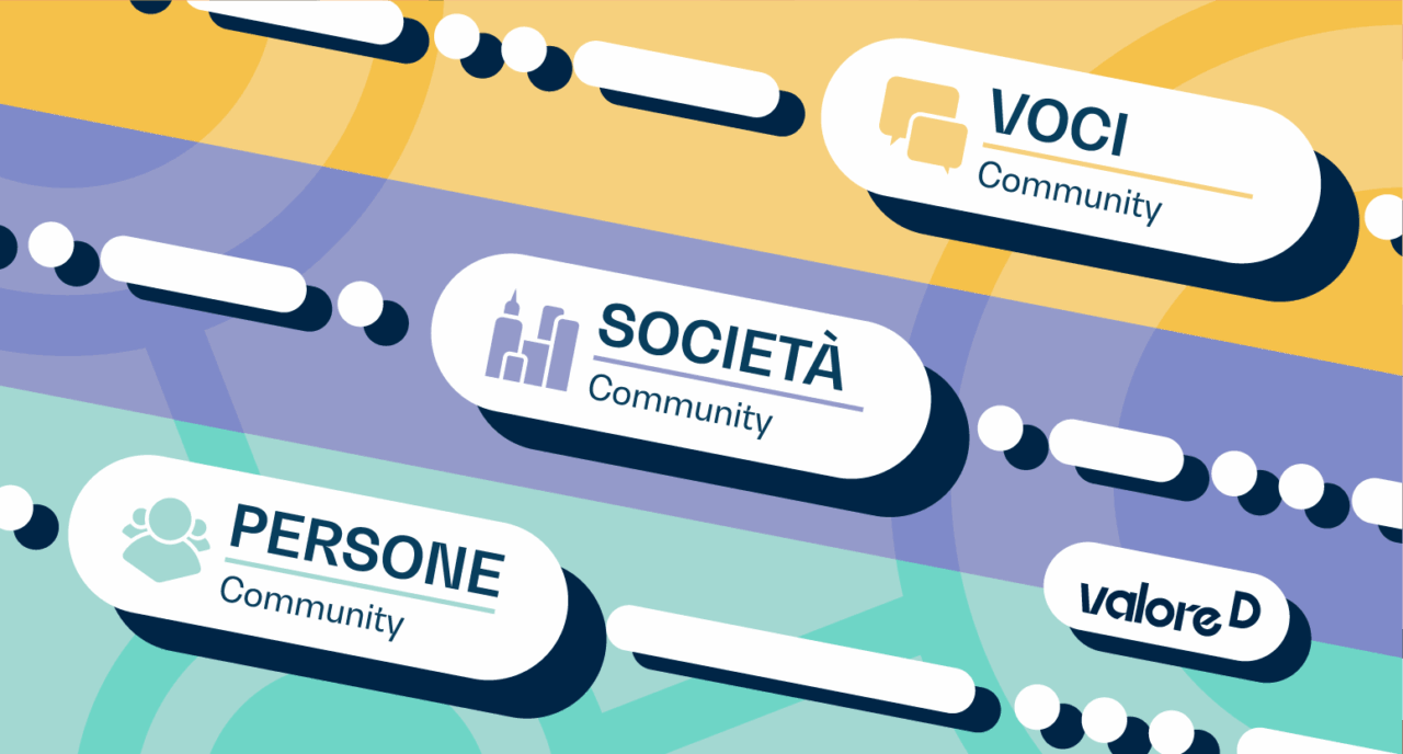 Logo del nuovo progetto Community di Valore D. In foto tre linee trasversali con sopra scritto i nomi delle nuove community: "Voci, Società, Persone"