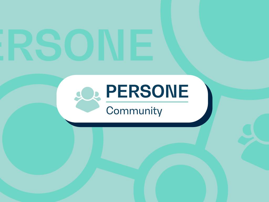 Vignetta con scritta PERSONE Community su fondo verde acqua