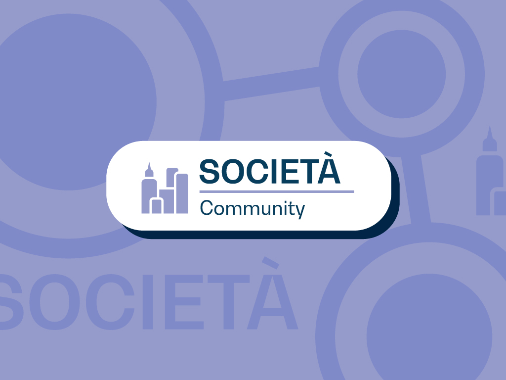 Vignetta con scritta SOCIETÀ Community su sfondo viola