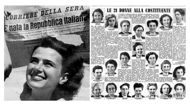 Collage di due immagini d'epoca tratte dal "Corriere della sera" del giugno 46. Sulla sinistra la prima pagina della testata con la scritta "È nata la Repubblica italiana" e il volo di una donna in primo piano. Sulla destra un articolo intitolato "Le 21 donne alla Costituente" in cui compaiono le fotografie e le biografie delle donne elette.