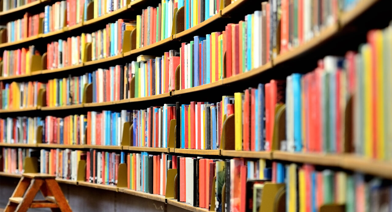 particolare di una libreria con tanti libri colorati sugli scaffali